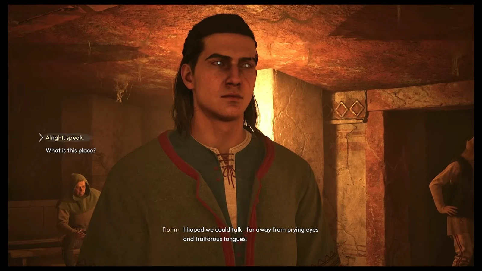 Dialogue option "Alright, speak." highlighted while talking to Father Florin underground.