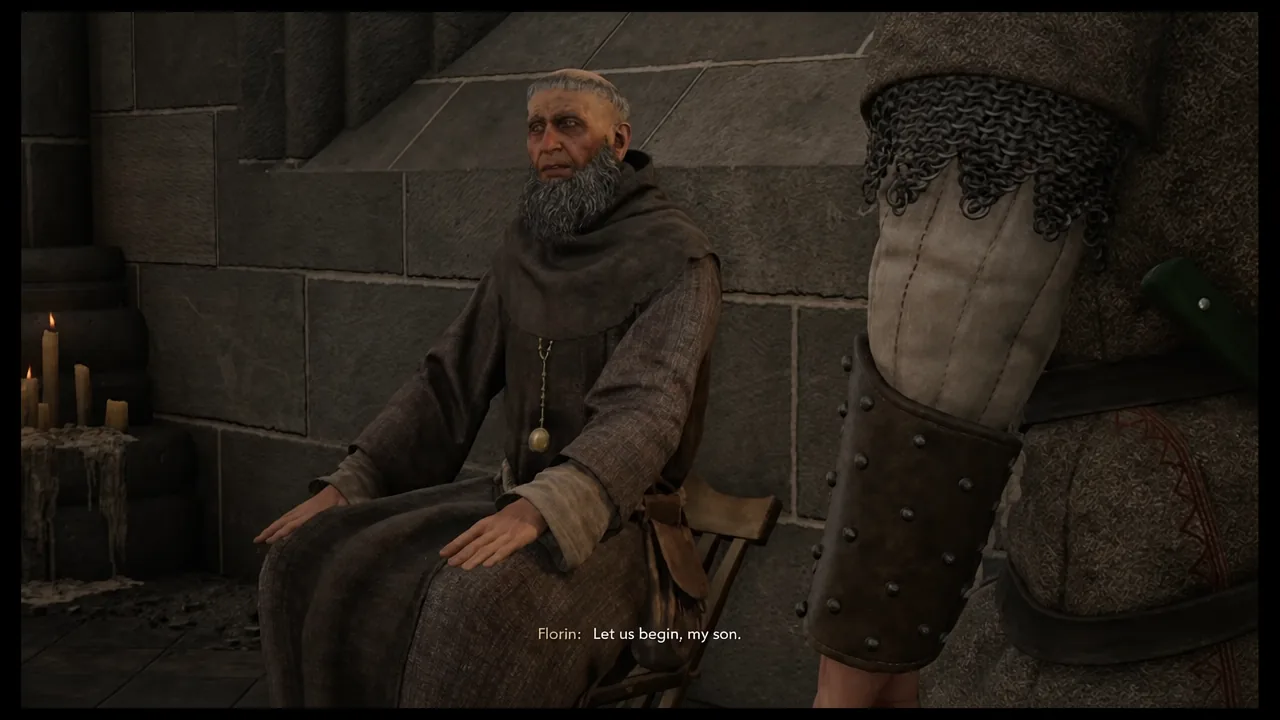 Father Florin says "Let us begin, my son" as the confession dialogue starts in the cathedral.
