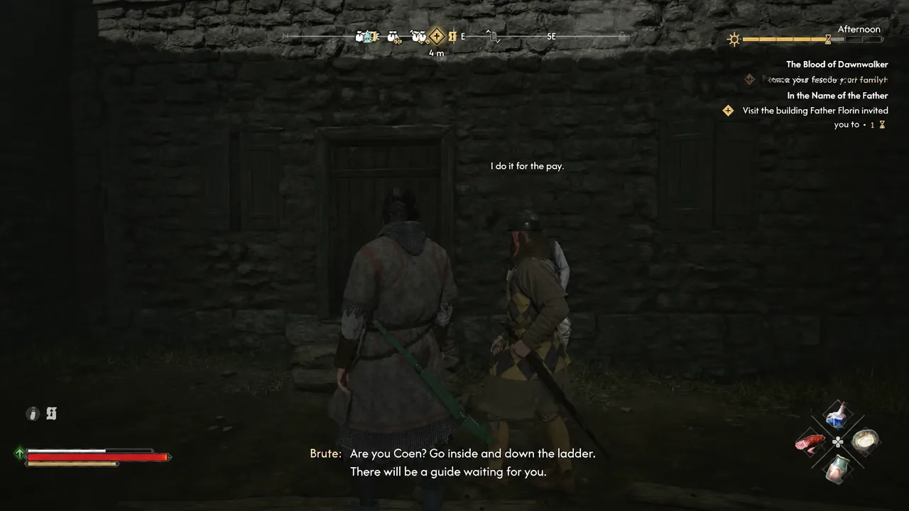 Quest tracker reads "Visit the building Father Florin invited you to" as the brute points Coen toward the ladder.