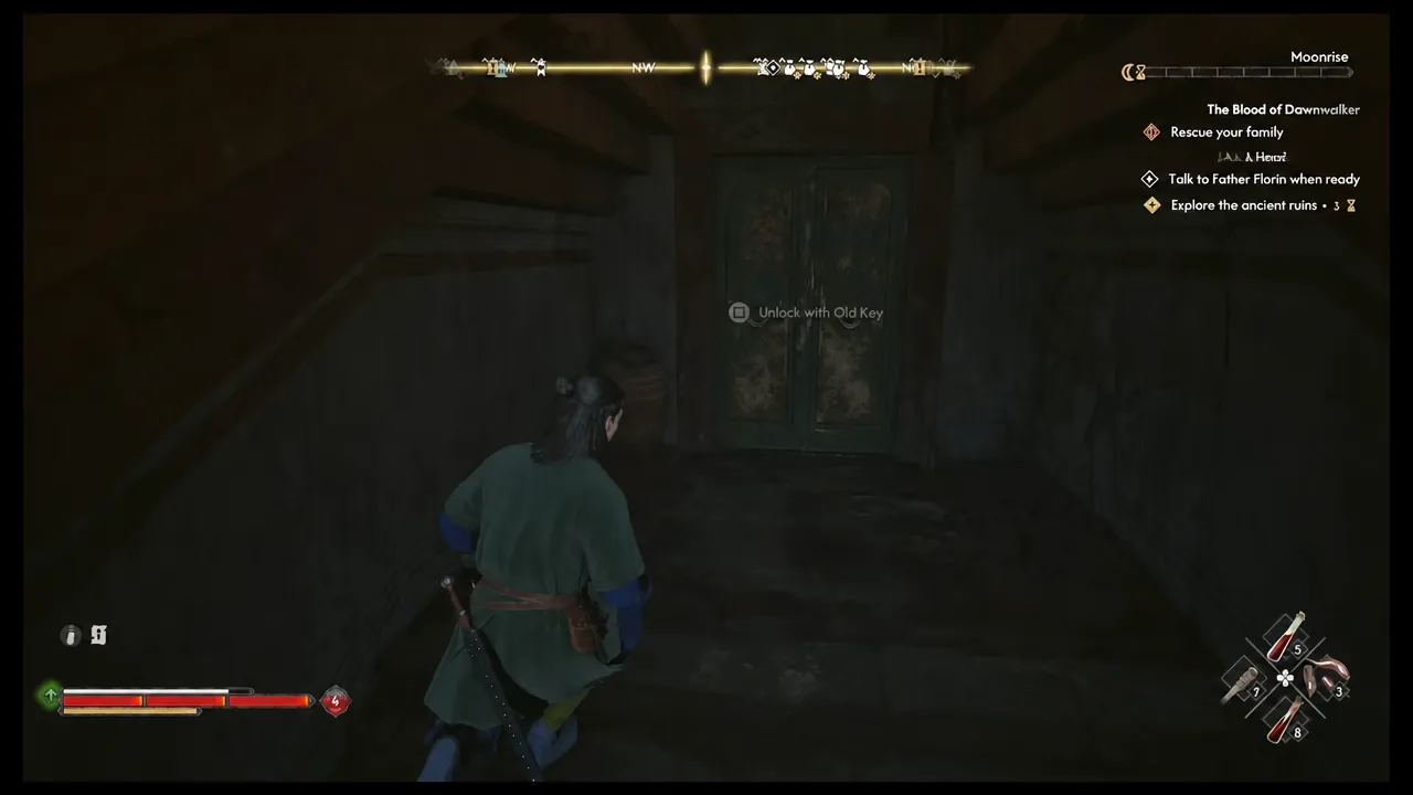 "Unlock with Old Key" prompt showing on the locked ruins door before the Fallen Witch fight.