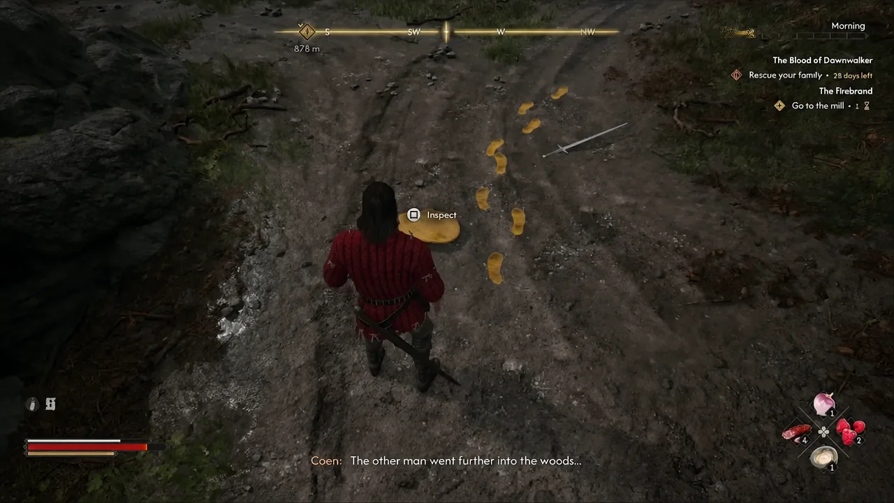 Inspect prompt over glowing footprints on the forest floor while tracking the patrol