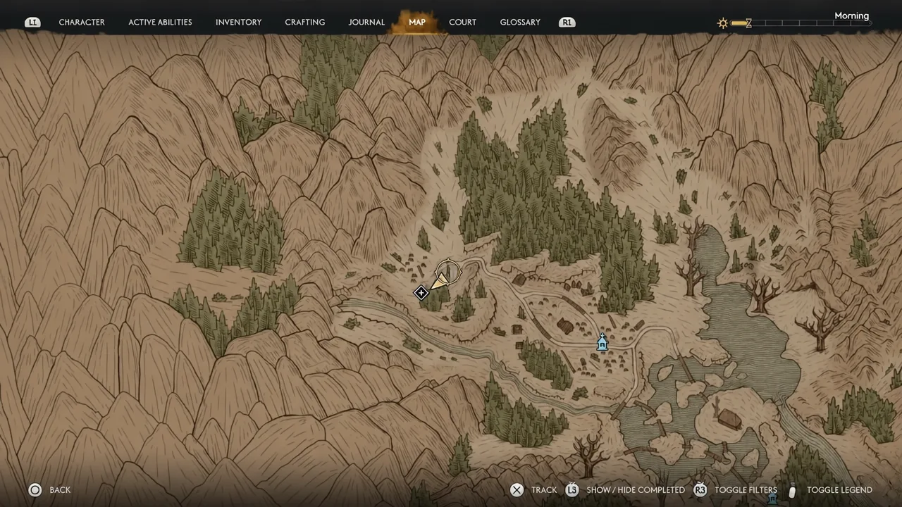 Map screen with the quest location marker highlighted and ready to track