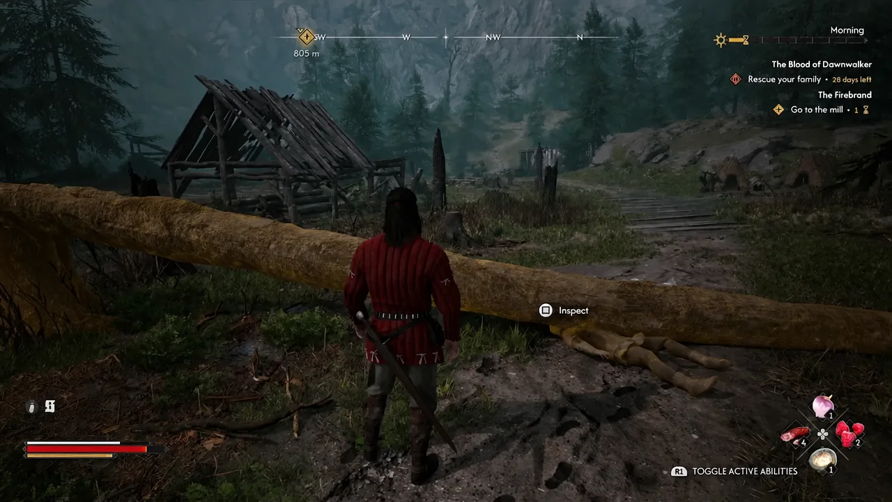 Inspect prompt appears beside the fallen log and the body crushed underneath it