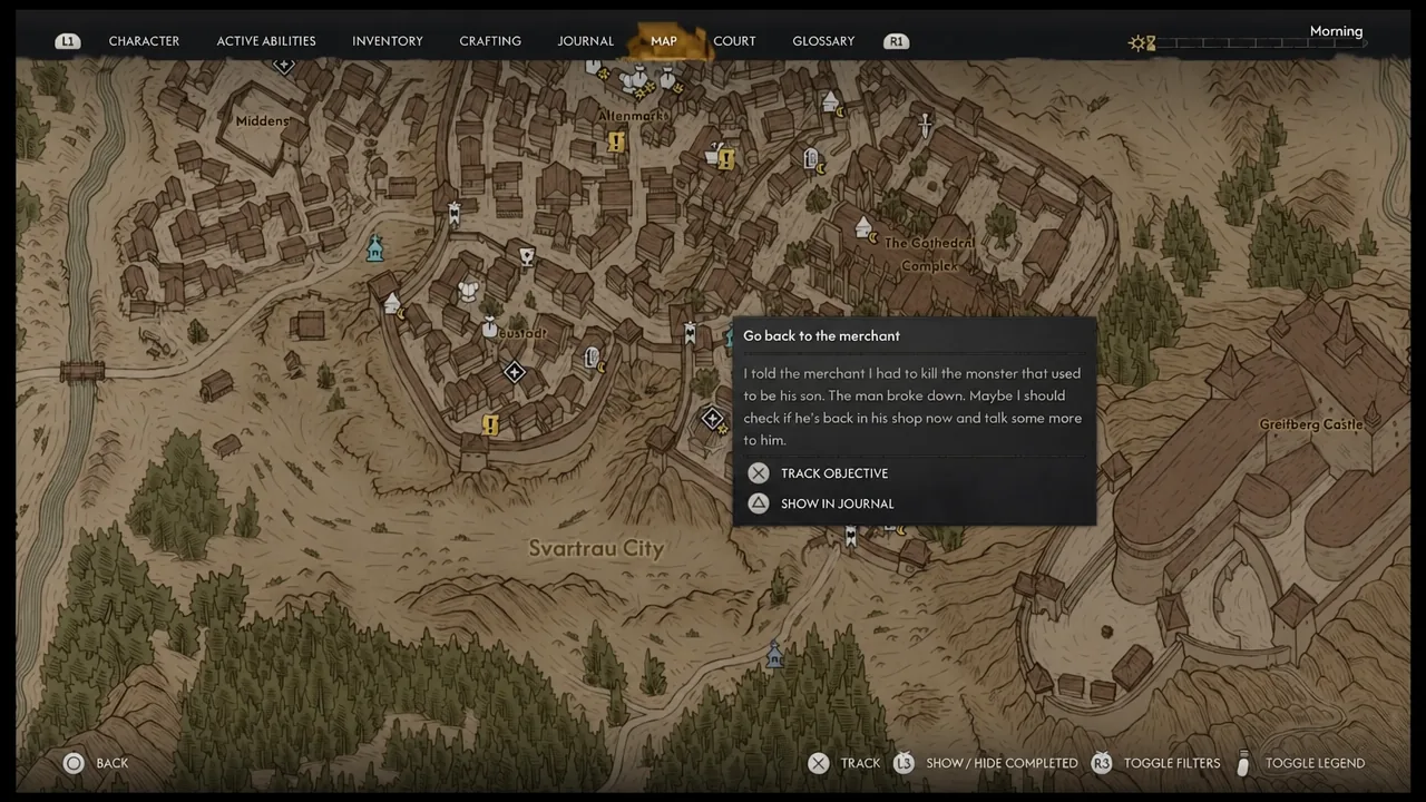 Quest journal panel showing the objective to go back to the merchant