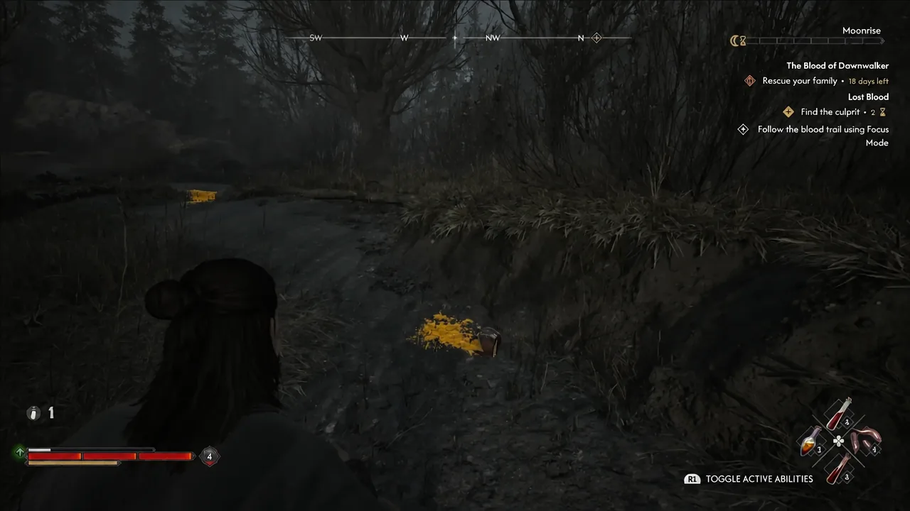 Focus Mode highlighting the blood trail leading away from the wrecked transport cart