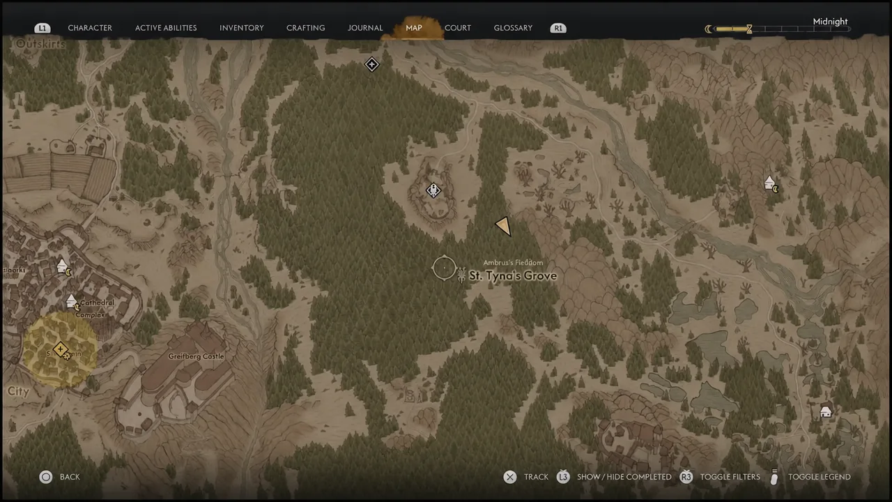 World map open on St. Tyna's Grove before fast travelling to Svartrau City