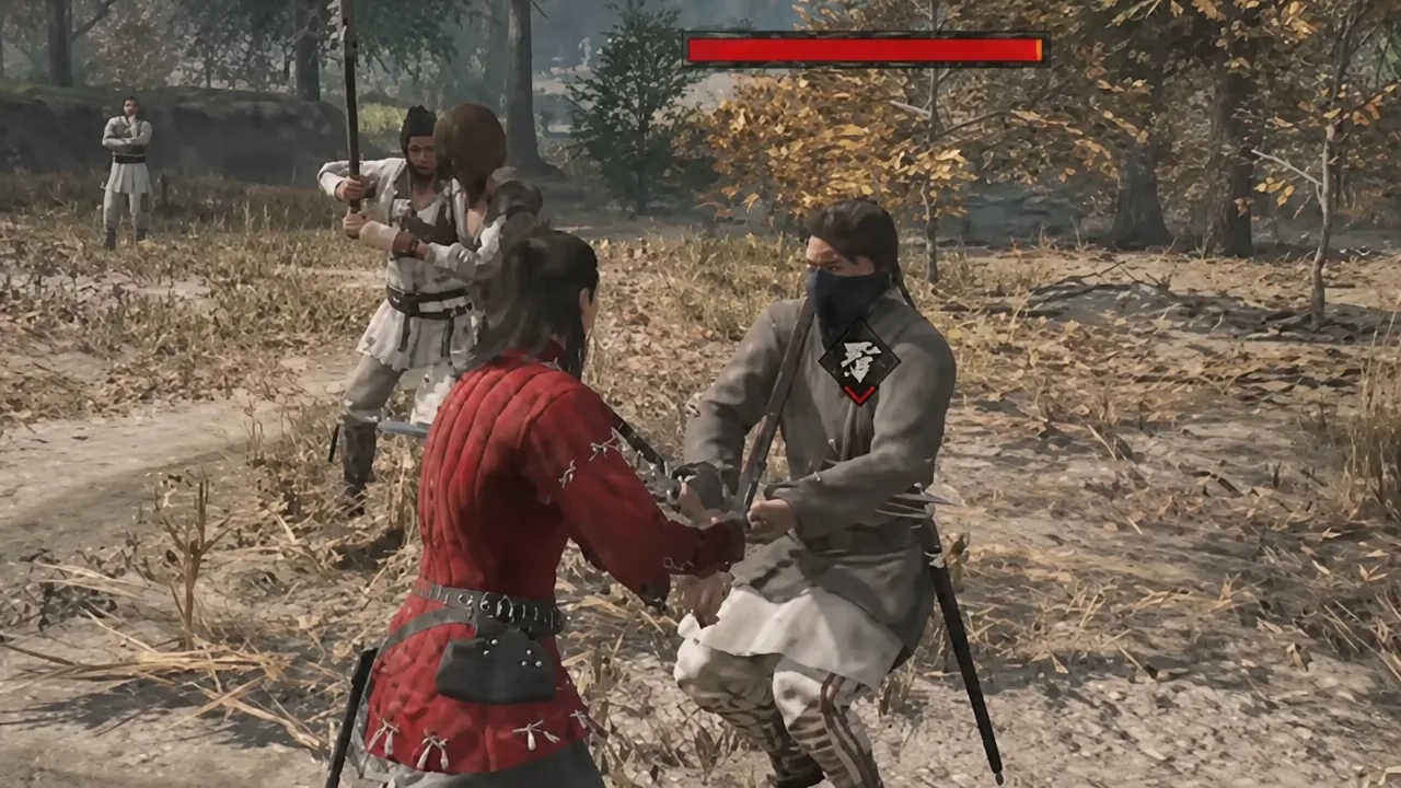 Sword duel with the red critical direction marked on the targeted enemy