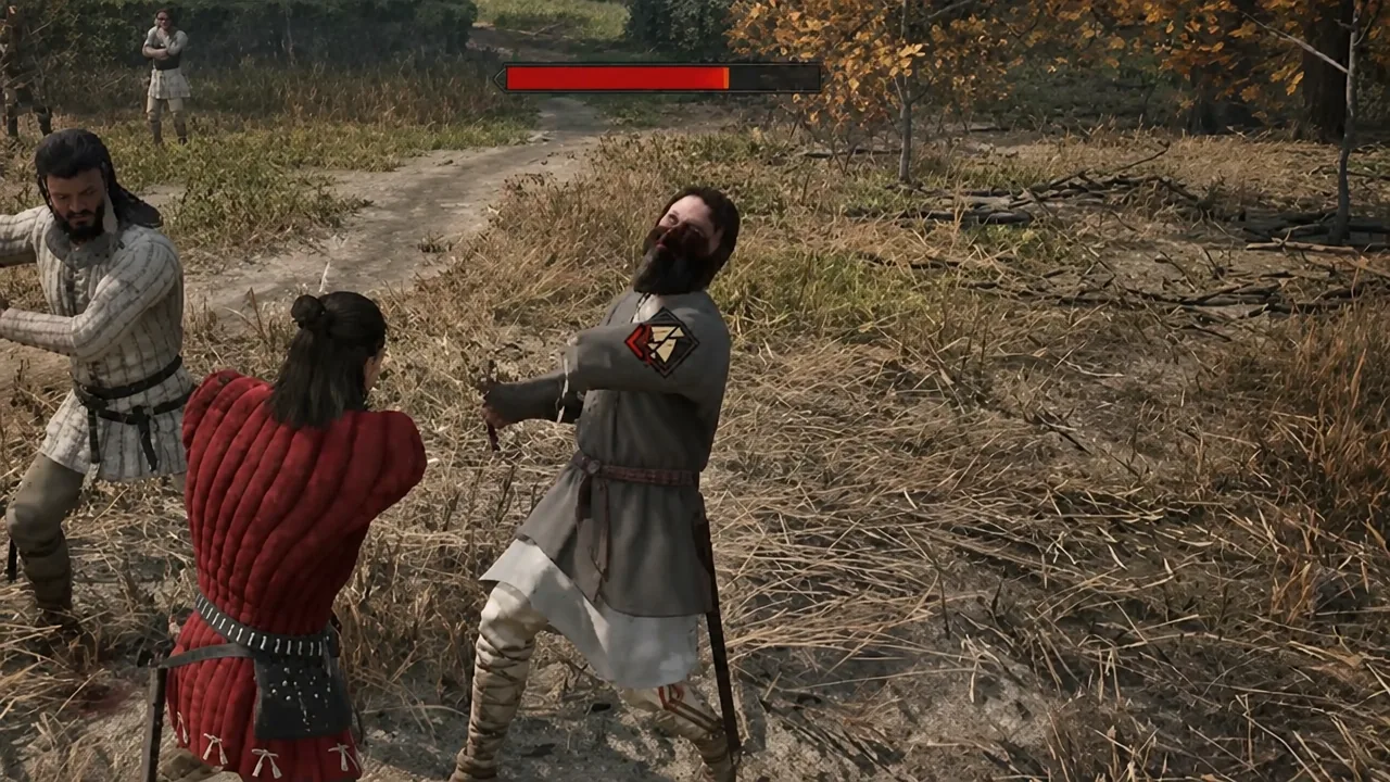 A parried enemy staggers as the player follows up with a strike