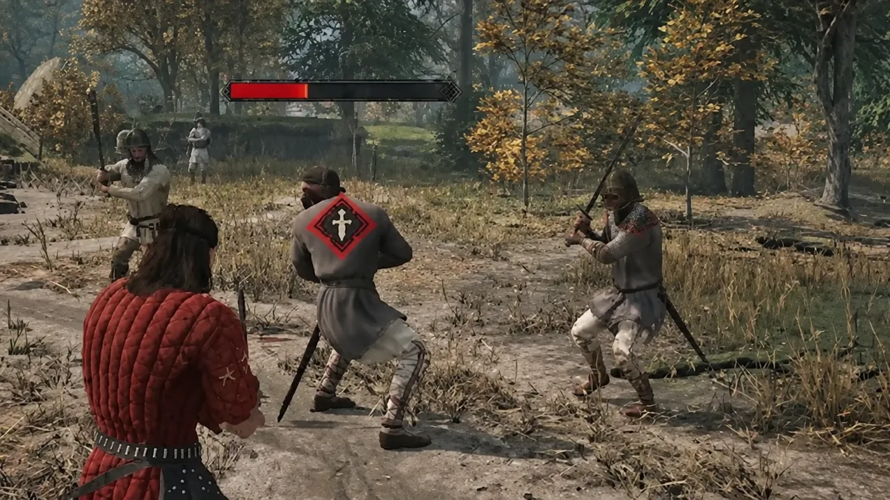 Coen facing three armored enemies at once during a forest skirmish