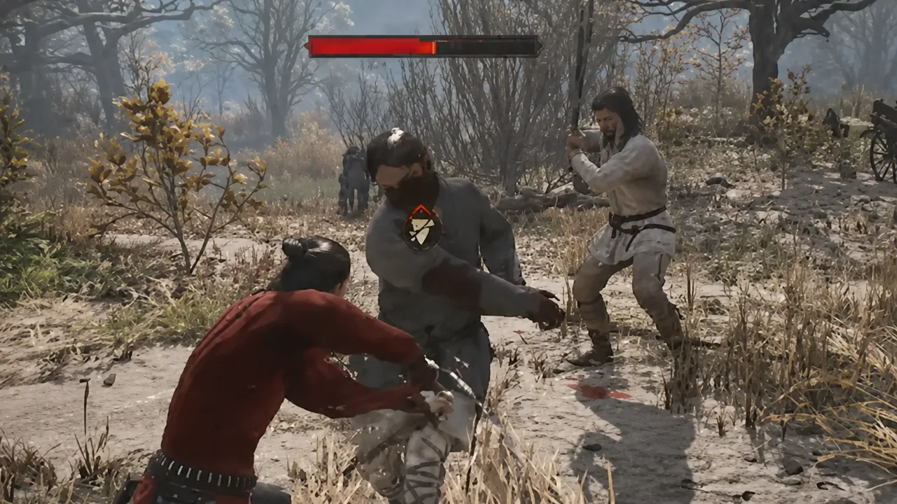 Player strikes one enemy while a second attacker moves in from the side