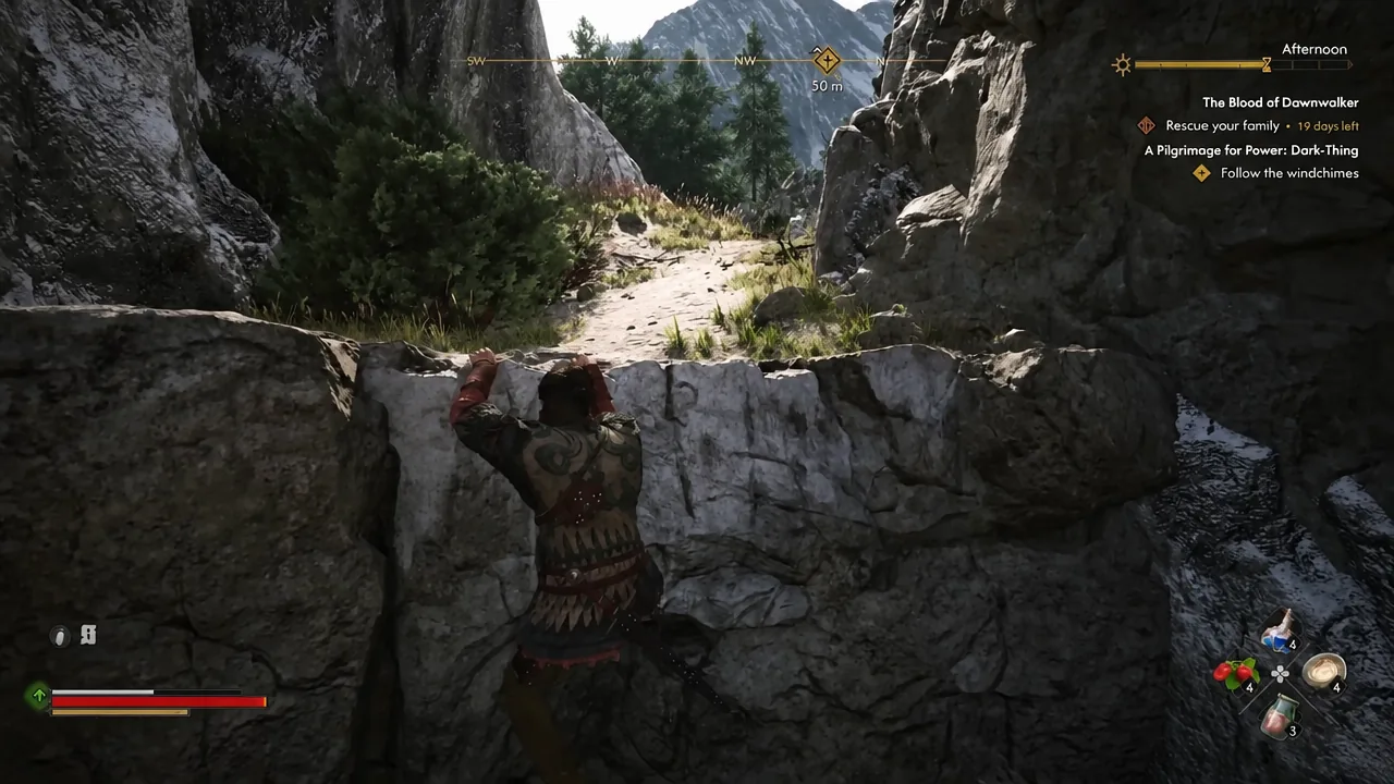 Climbing over a rocky ledge with the HUD waypoint showing 50 metres to the next objective