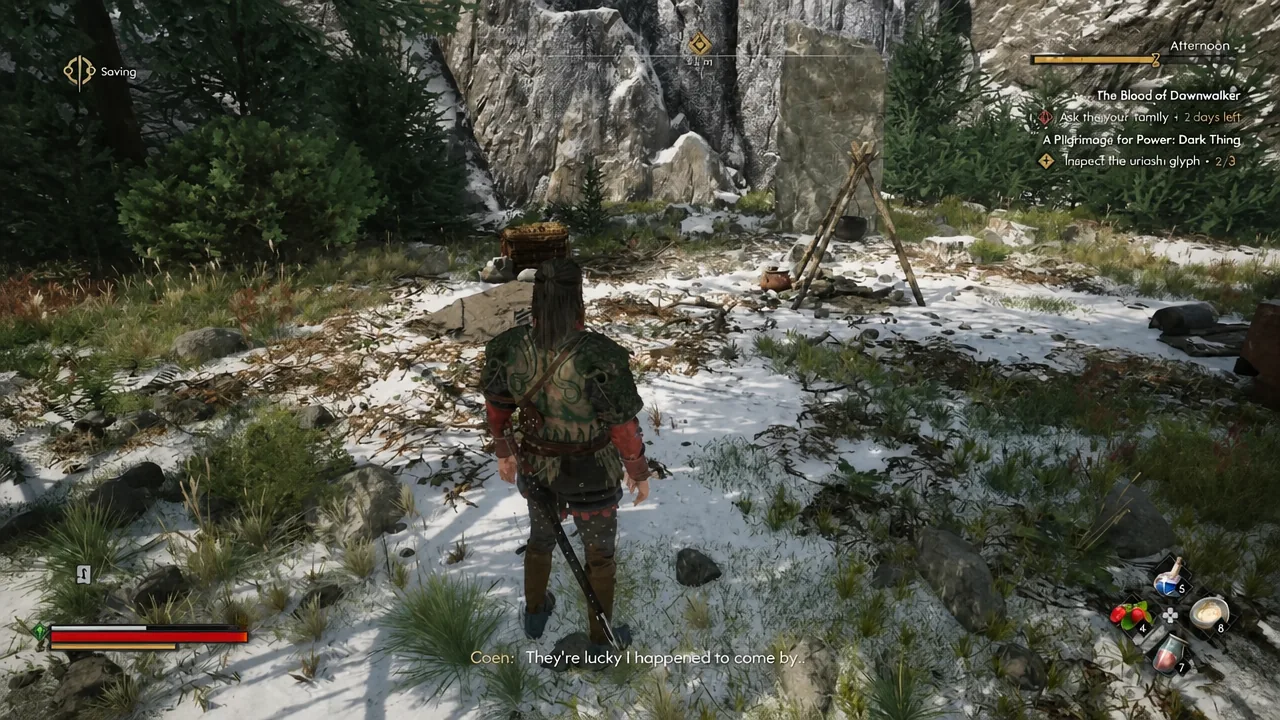 Coen standing in the snowy camp with the objective to inspect the uriashi glyph active