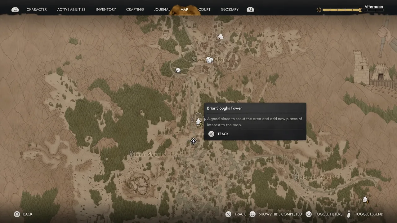 Map screen with the Briar Sloughs tower marker selected and its location panel open