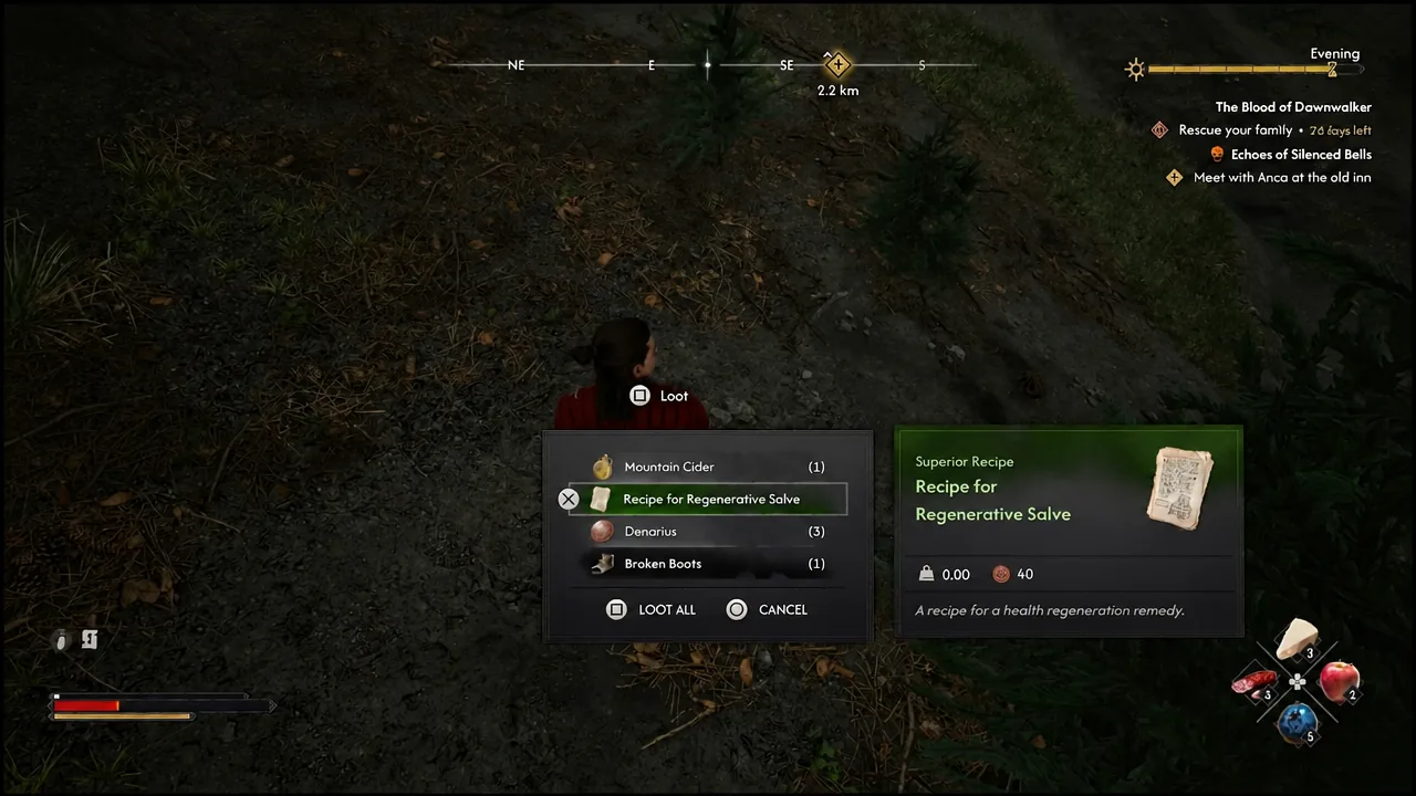 Loot menu with Recipe for Regenerative Salve highlighted on a bandit corpse