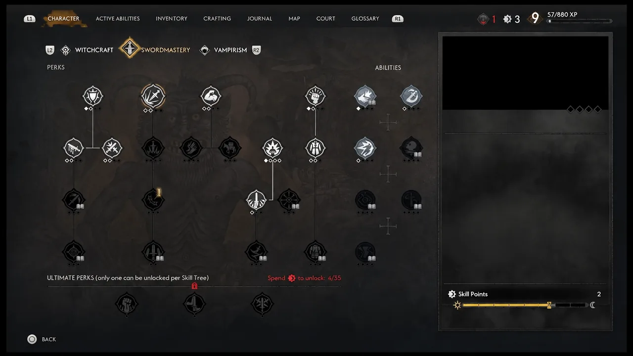Character screen on the Swordmastery tab while spending skill points in the perk tree