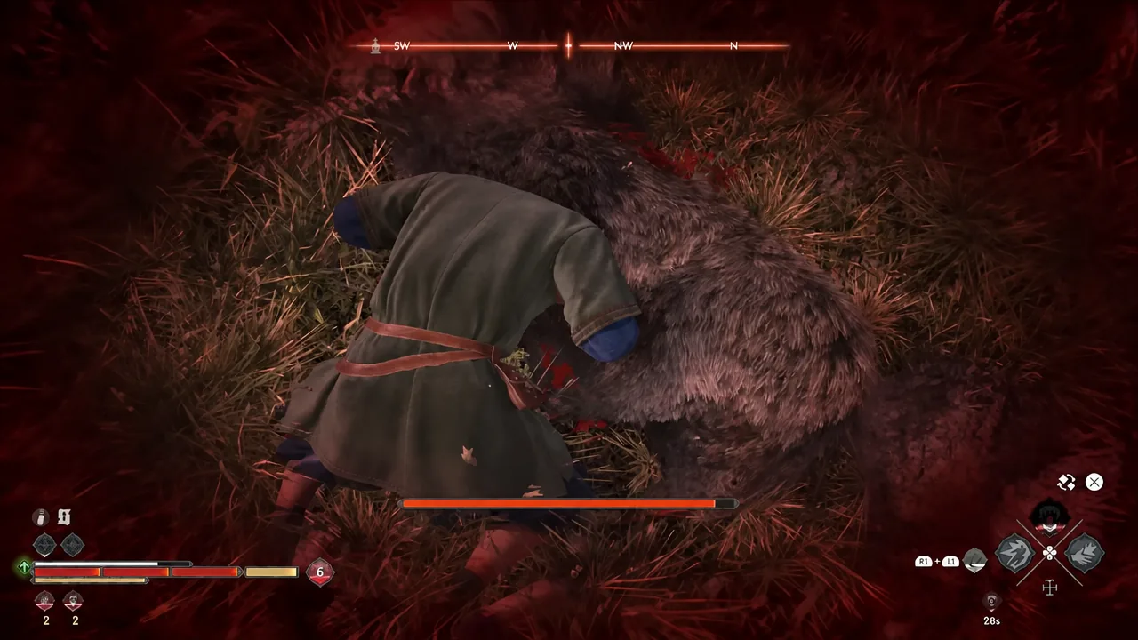Coen in combat against a large boar with the enemy health bar visible