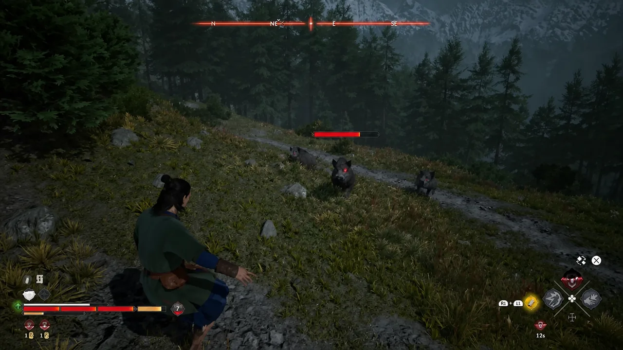 Coen facing a group of wolves at night with an enemy health bar on screen