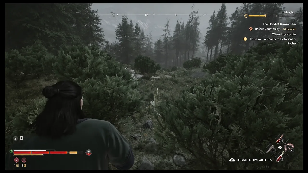 Coen running through a dark forest with the health and status HUD in the corner