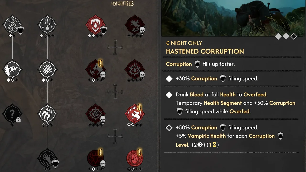 Vampirism abilities menu with Hastened Corruption selected and its upgrade text shown