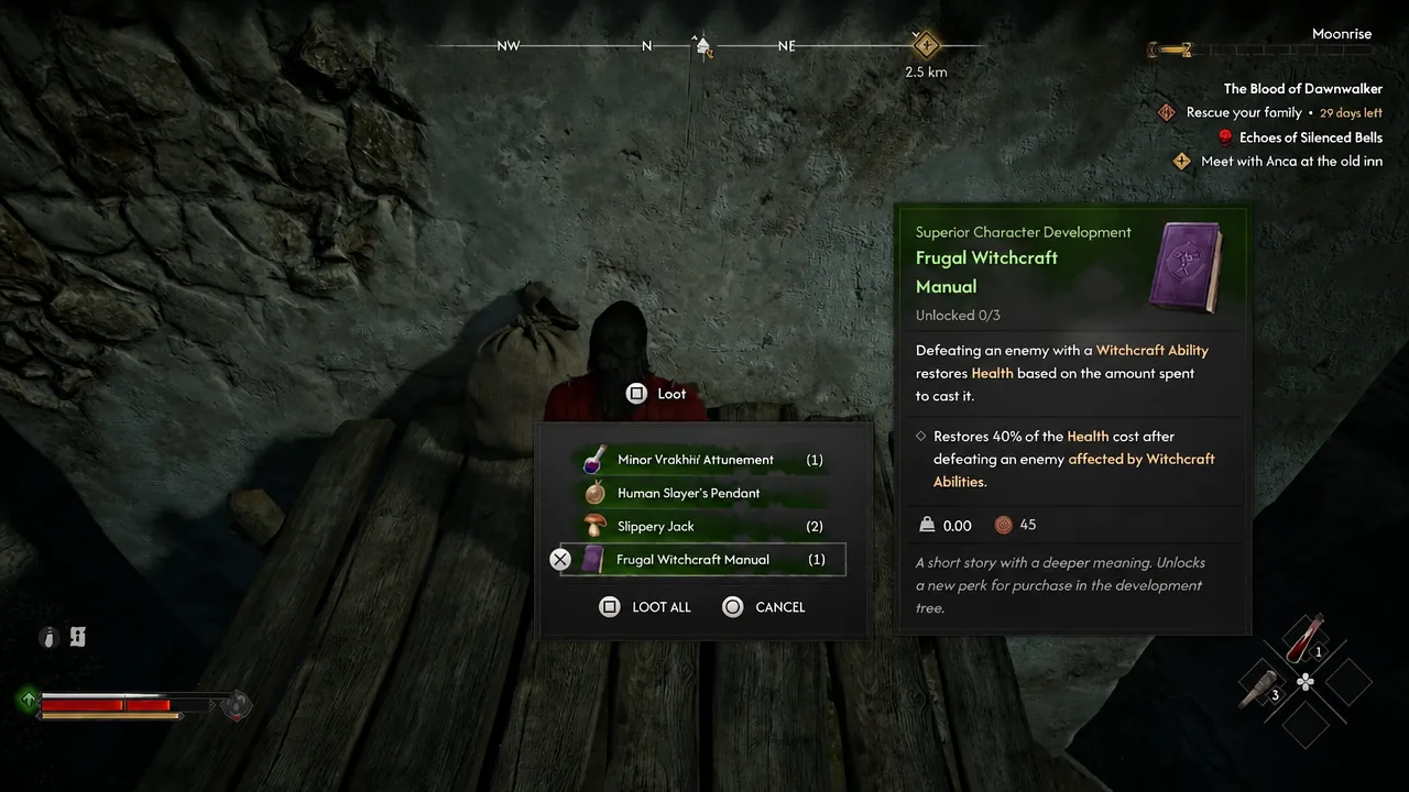 The loot menu highlighting the Frugal Witchcraft Manual with its item description shown