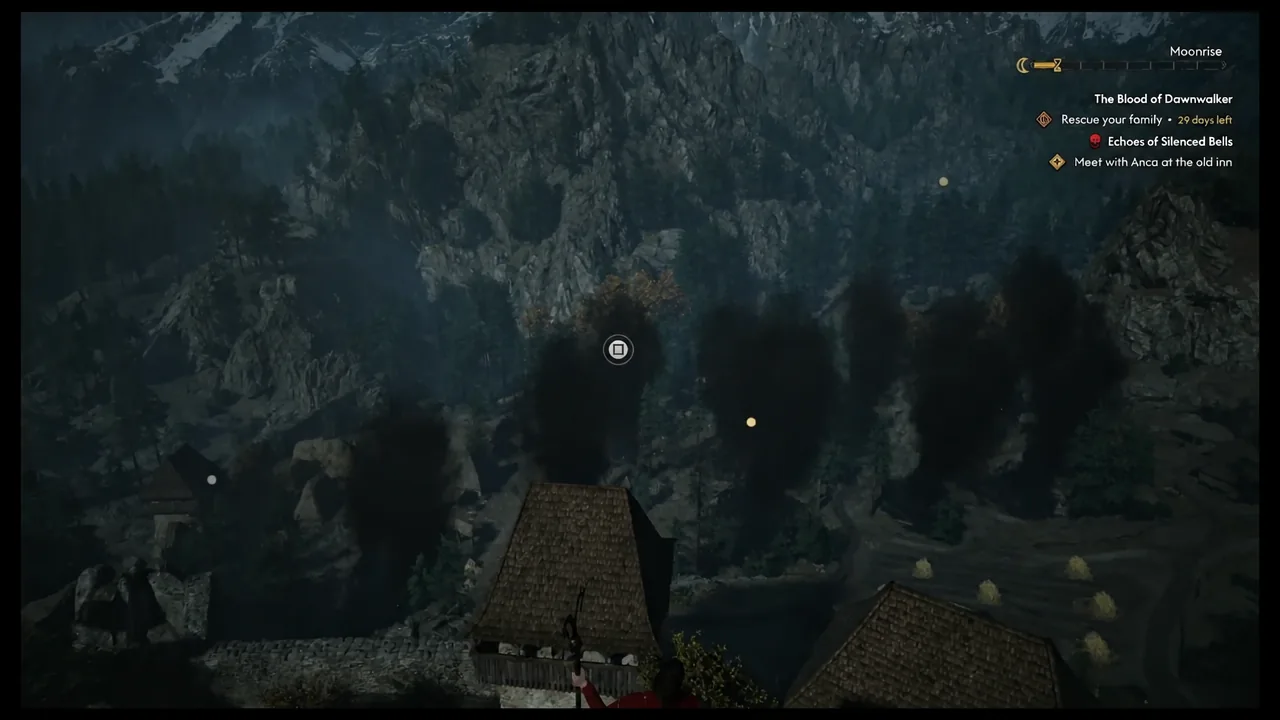 The scouting sequence sweeps across the Laslea Glen valley from the church rooftop