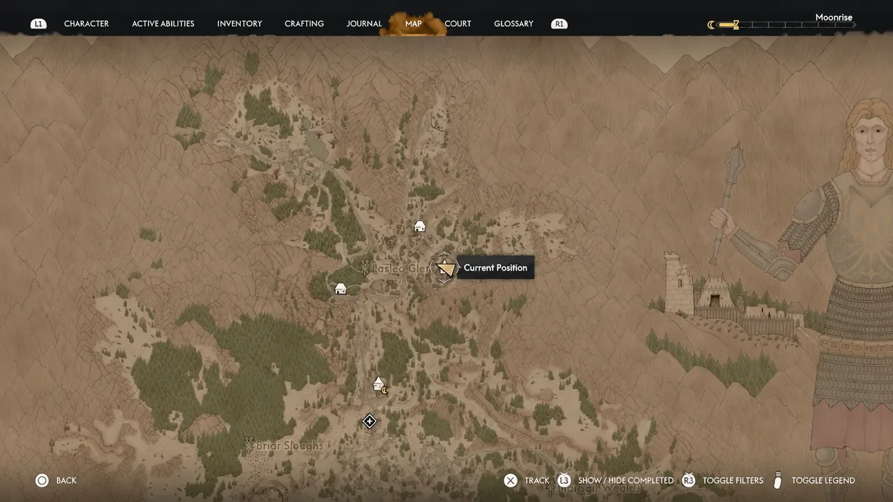 The world map screen showing the Current Position marker after scouting Laslea Glen