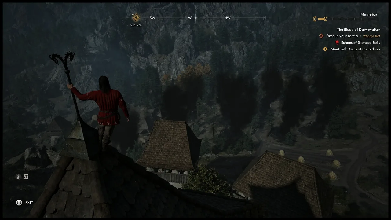 The character stands on the church rooftop with the Meet with Anca at the old inn objective on the HUD