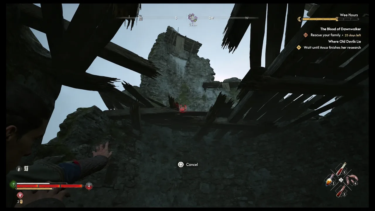 Focus Mode highlighting a red teleport target on the ruined tower structure