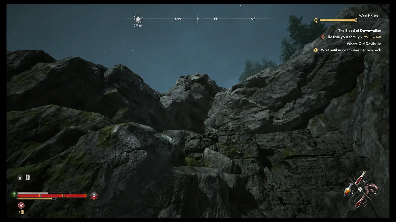 Coen crossing rocky ground toward the tower with the quest tracker showing active objectives