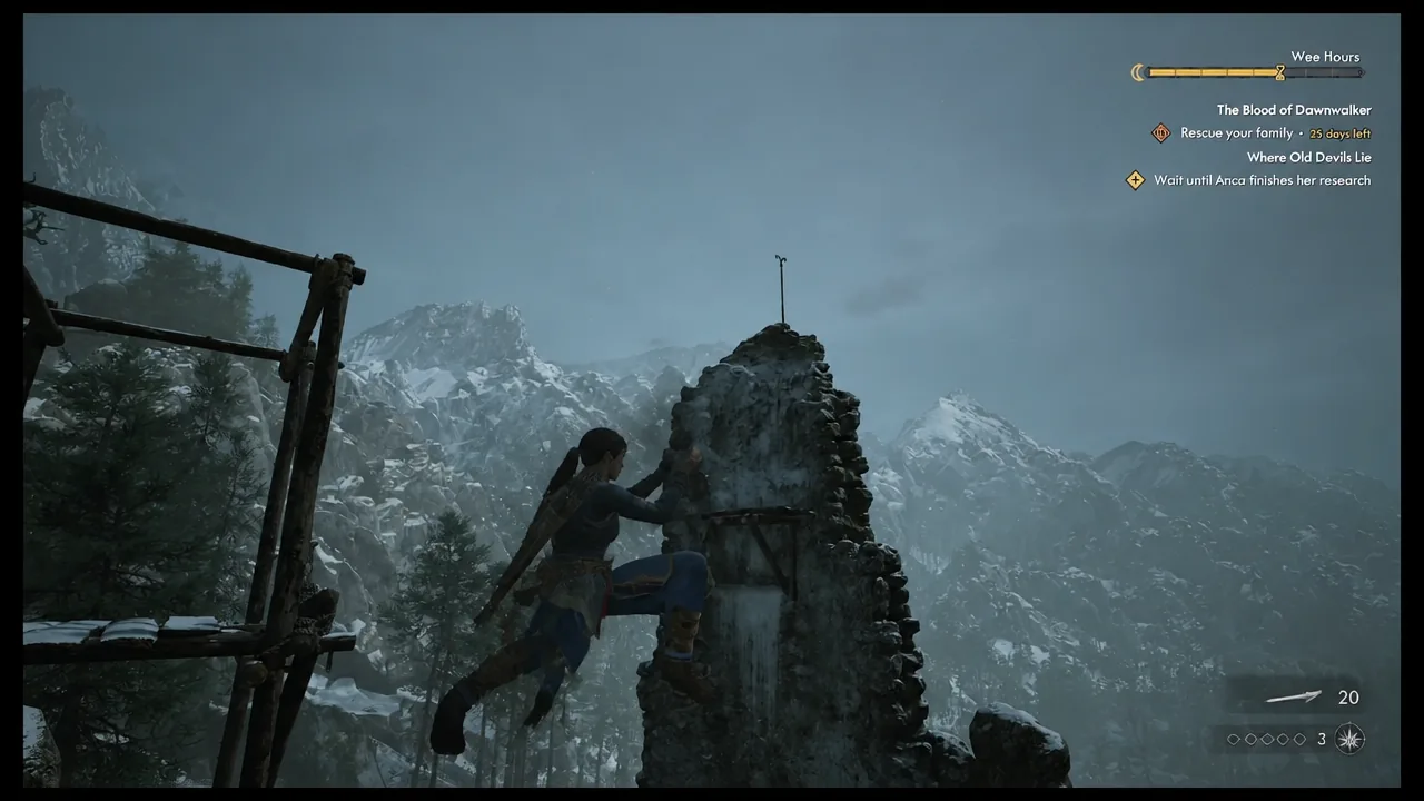 Climbing the upper stonework of St. Tyna's Grove Tower with objectives still on screen