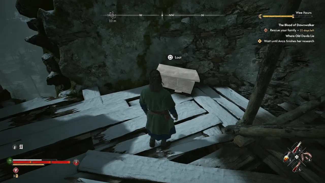 Loot prompt appearing on the Square button as the player stands over the tower chest