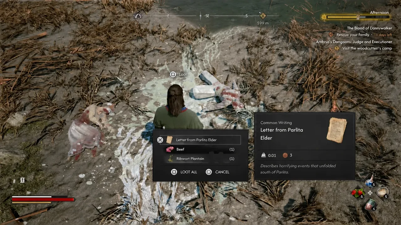 Loot window open on the riverside skeleton with the Letter from Parlita Elder selected