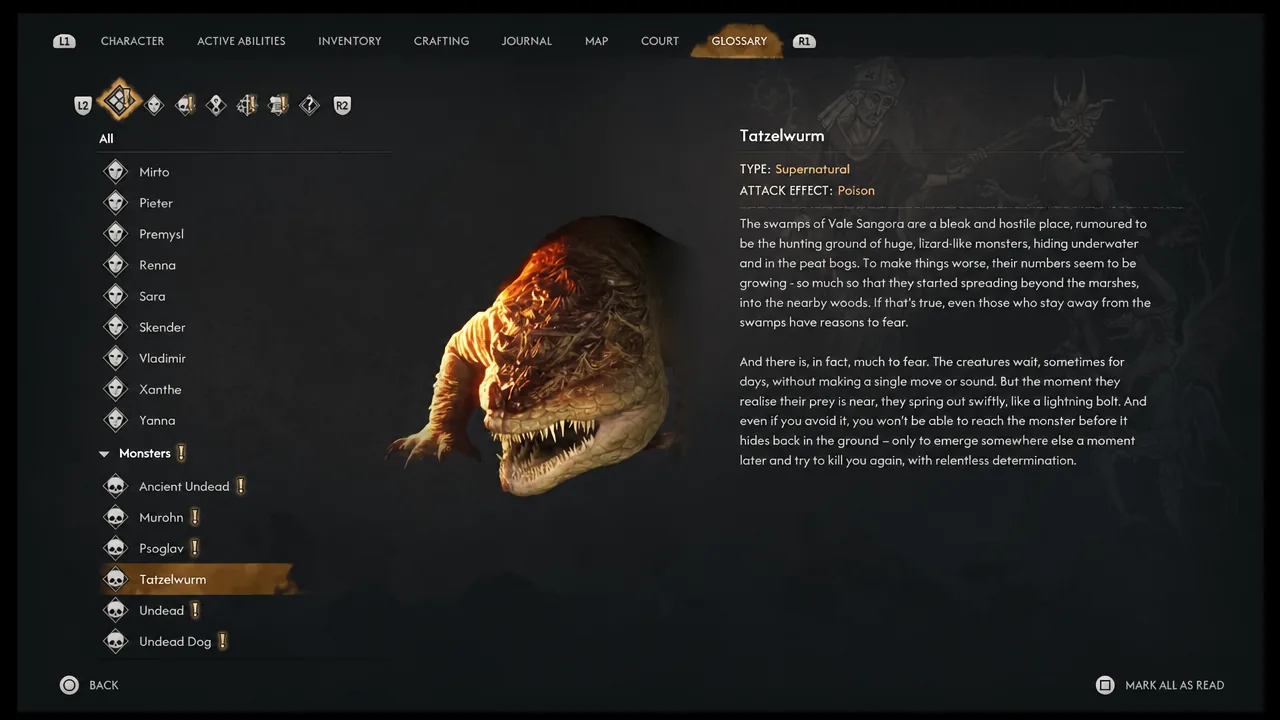Glossary open on the Monsters tab with the Tatzelwurm entry and its artwork shown