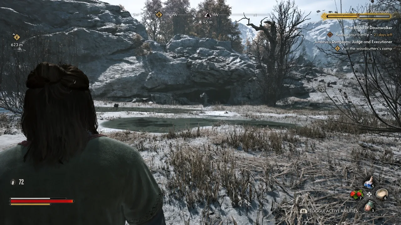 Coen crossing a shallow pond on the approach to the lair with the ability toggle prompt on screen