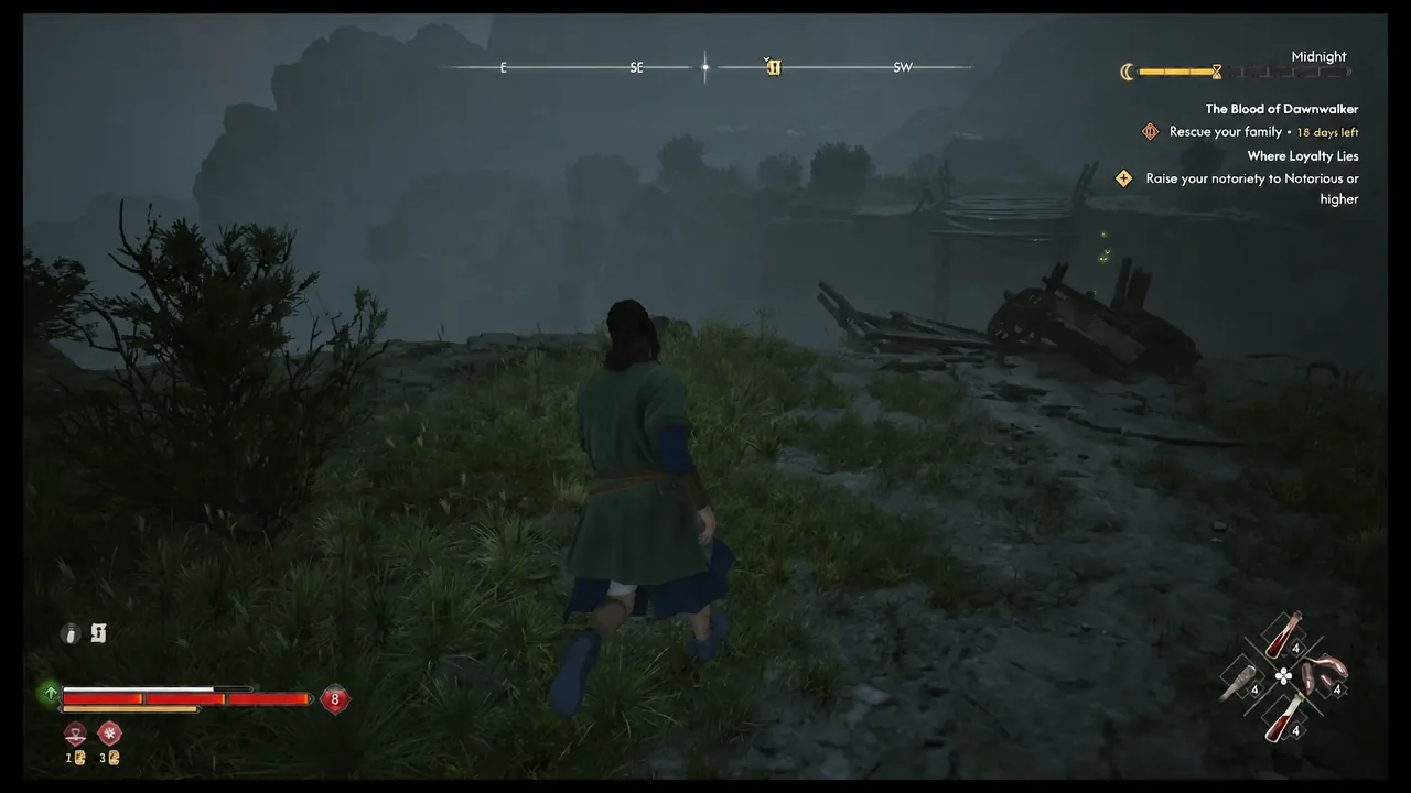 Coen crossing dark wilderness with the Cursed Chasm objective marker on the quest tracker