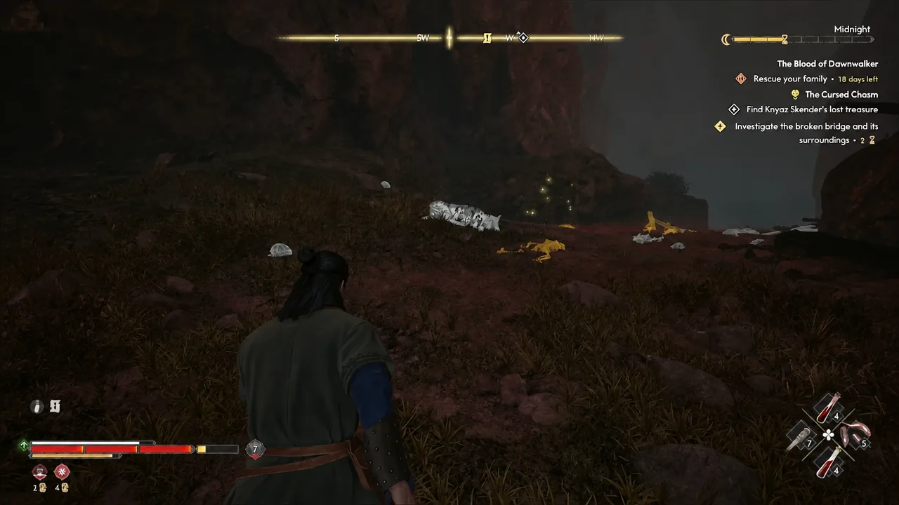 Looting scattered wreckage and skeletons at the bottom of the gorge after the fight