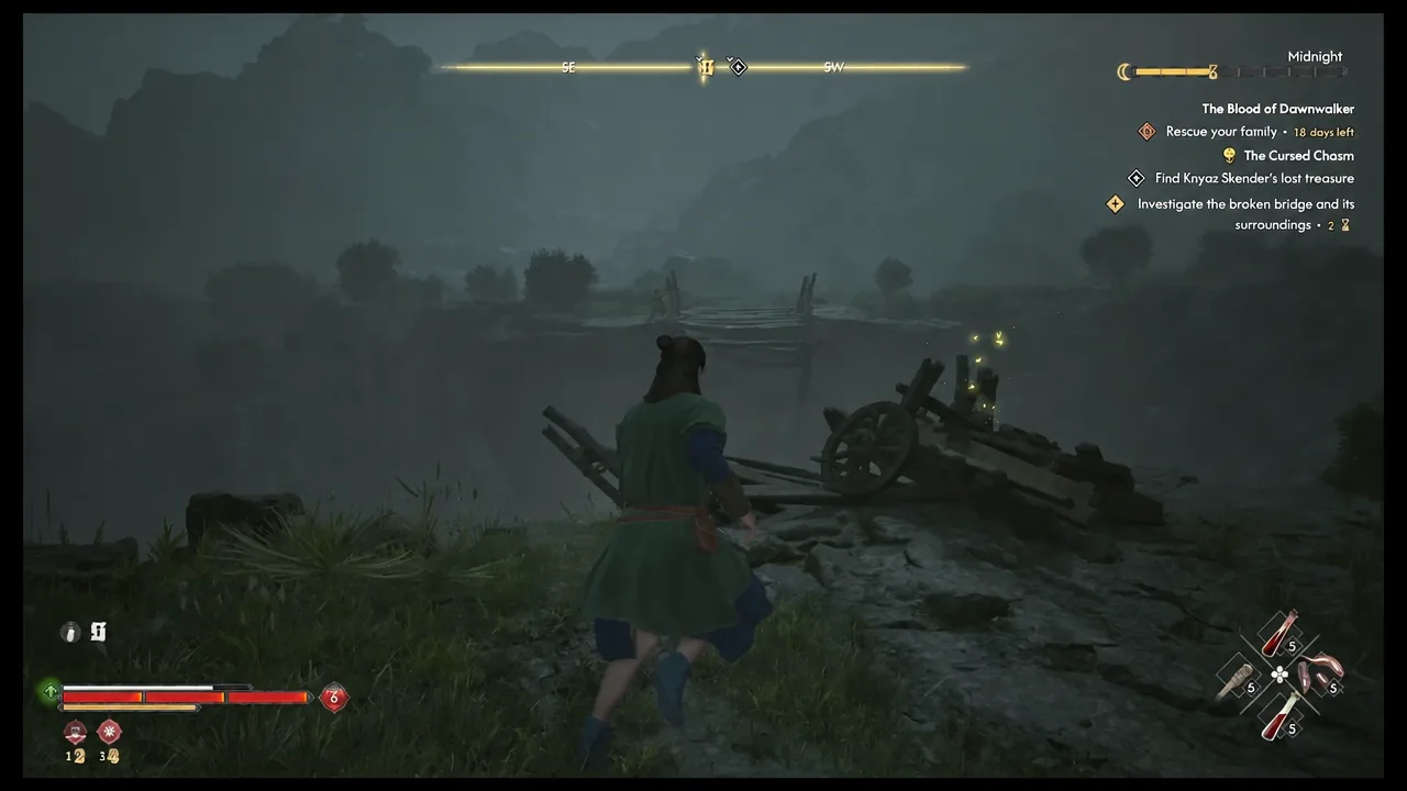 Quest tracker showing the objective to investigate the broken bridge and its surroundings