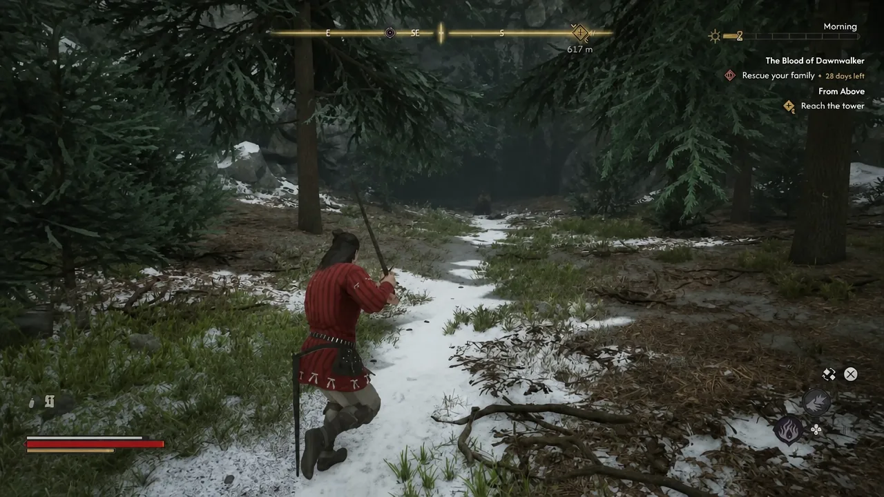 Coen following a snowy forest path east from the Bandit Camp toward the treasure cave
