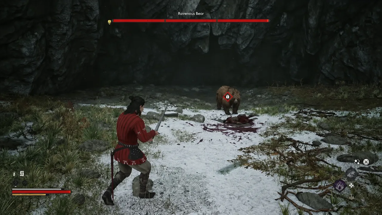 The Ravenous Bear locked as the combat target outside the cave