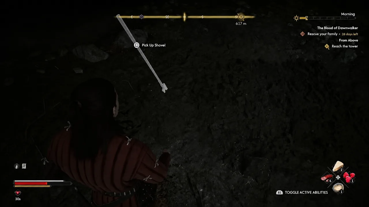 The Pick Up Shovel prompt highlighted over a shovel next to the dig site