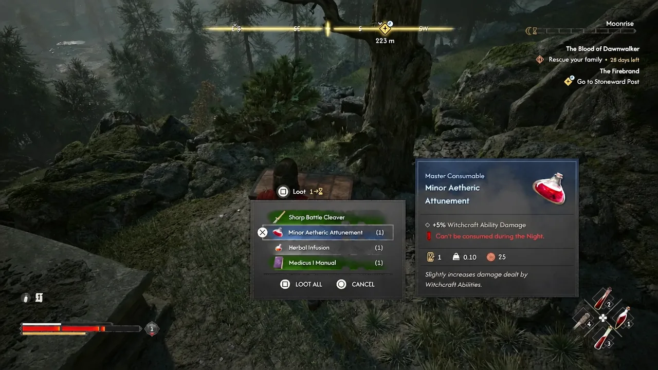 Chest loot panel with Minor Aetheric Attunement selected among the Watermill Hills rewards