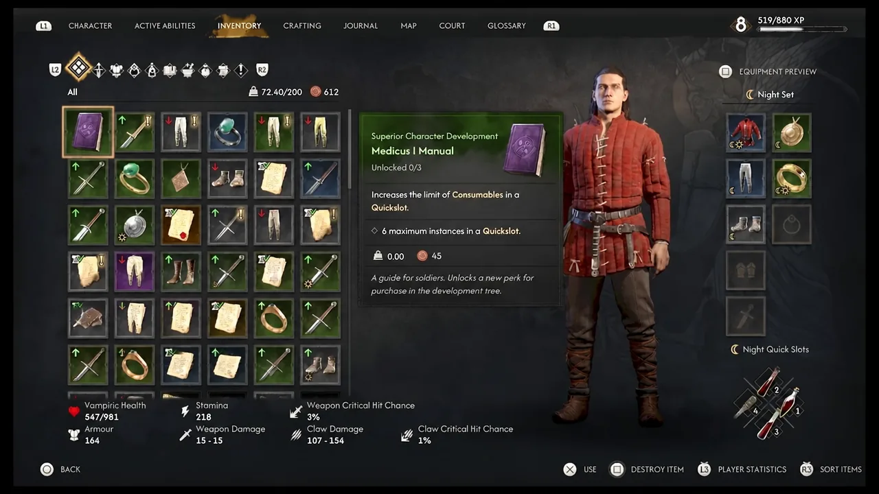 Inventory screen with the Medicus I Manual selected and its description shown