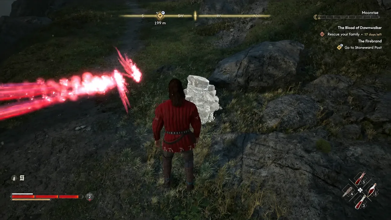 Coen striking with a red-lit attack in front of a glowing stone formation on the hill trail