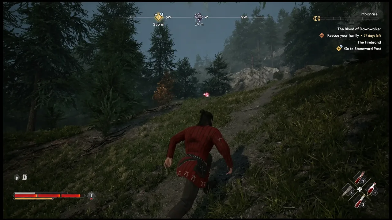 Coen climbing the hillside with the wisp trail objective marker visible on screen