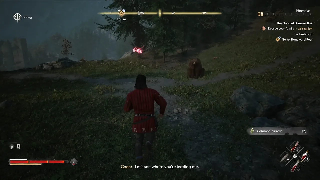 Quest tracker showing the Stoneward Post objective while Coen follows the compass marker
