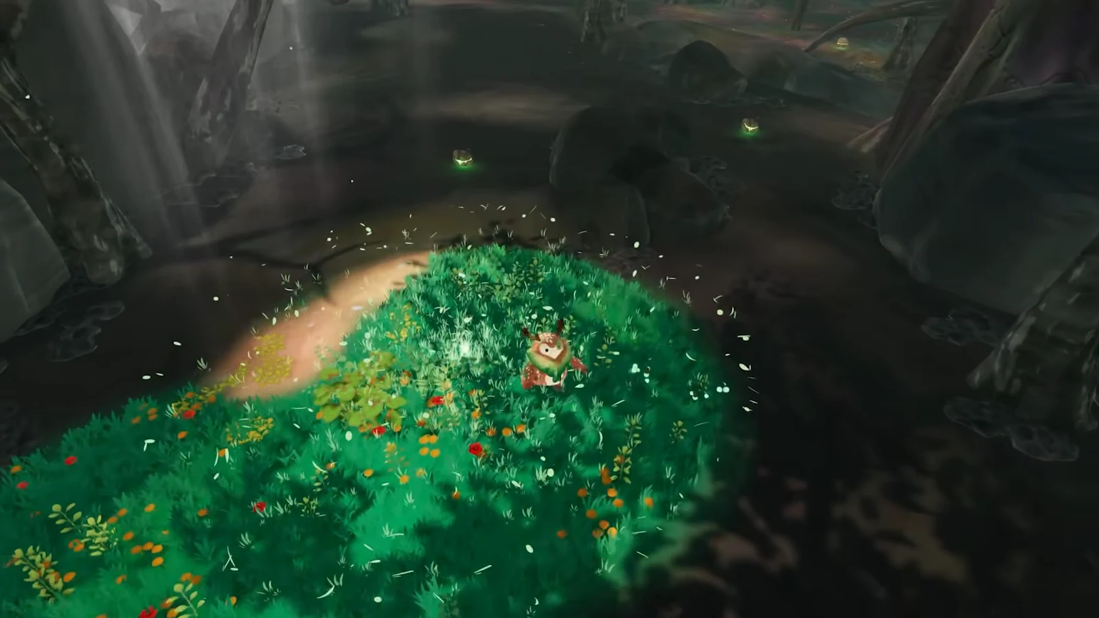 Player character in a flowering clearing beside a dark cavern with glowing green pods
