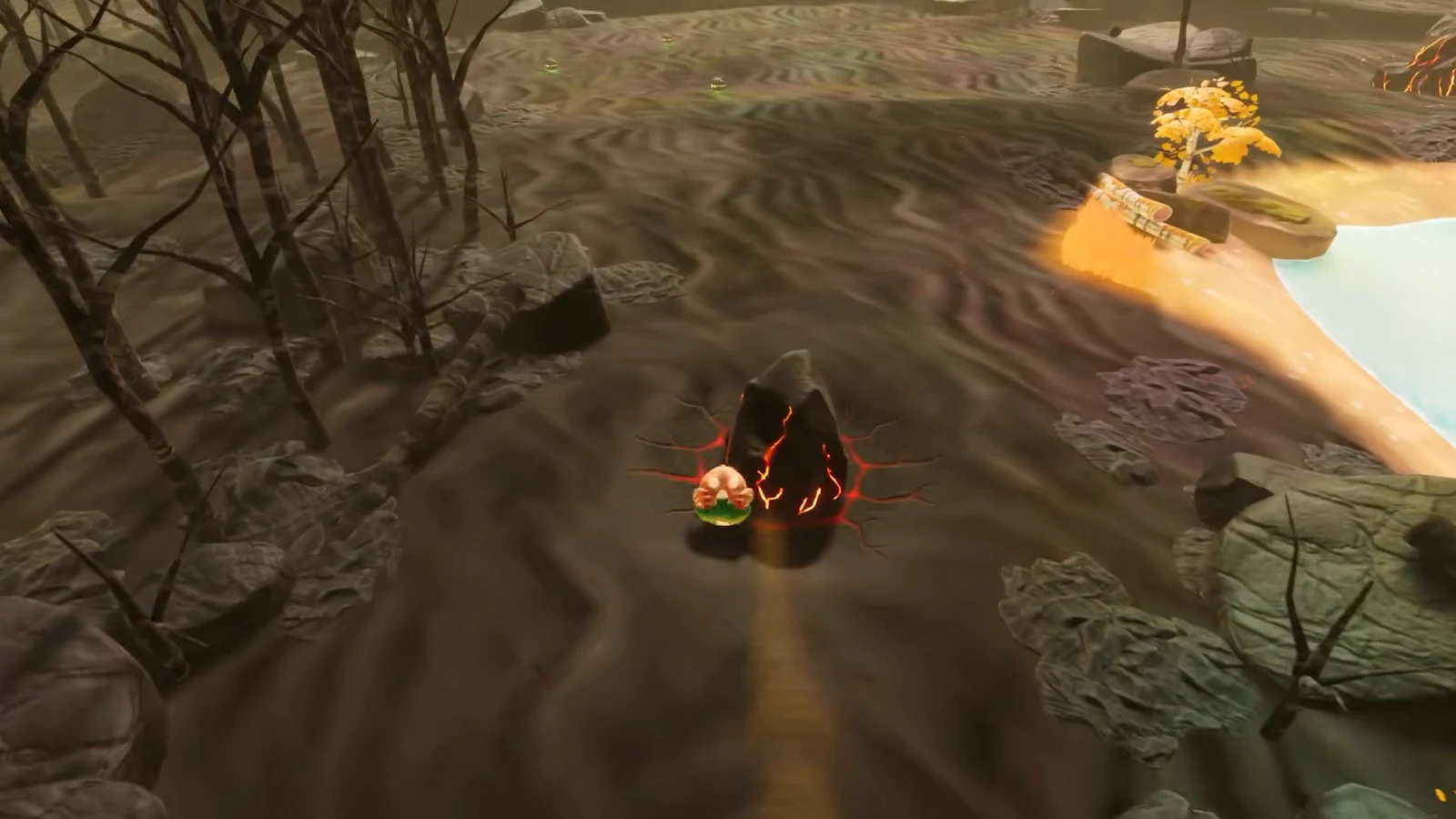 Player character approaching a glowing cracked volcanic rock surrounded by scorched ground