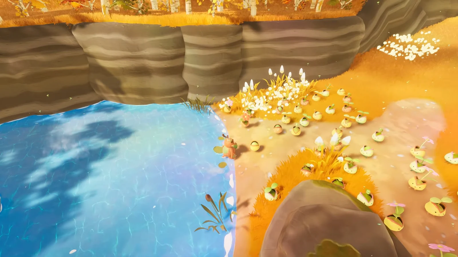 Guardians and Pouics crossing a glowing blue swamp dotted with corrupted structures