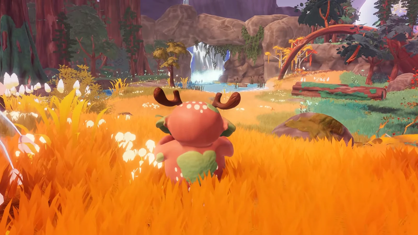 The Guardian leads a trail of small plant creatures through a sunlit forest clearing in BloomKeeper