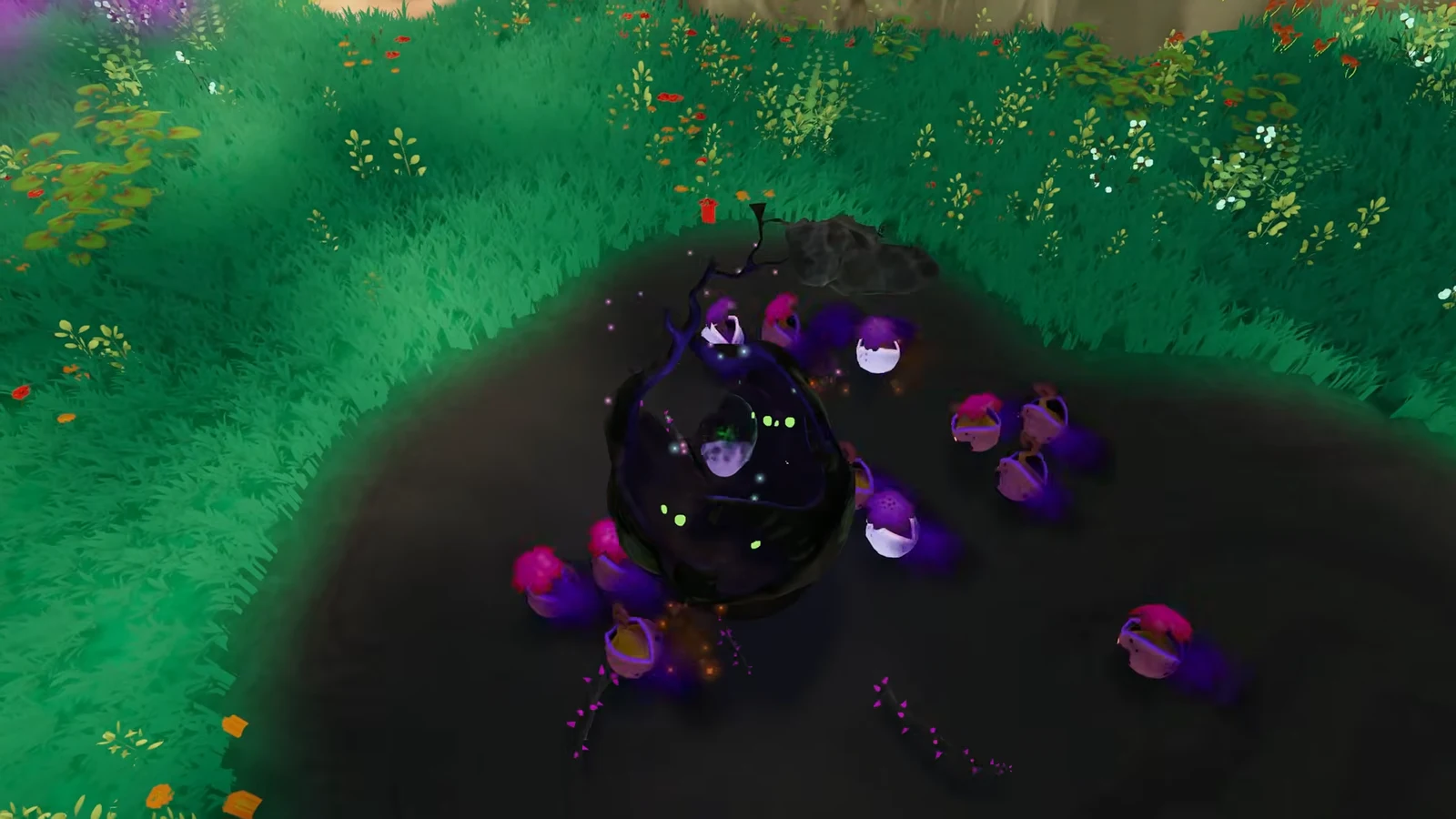 A glowing dark cauldron-like formation on blighted ground surrounded by purple corrupted creatures